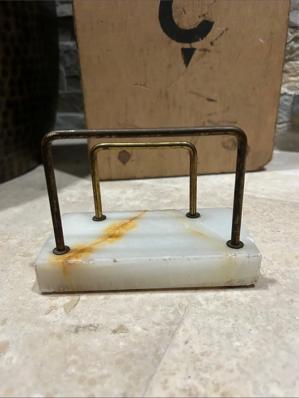 Vintage MCM white marble and brass double-arch letter holder